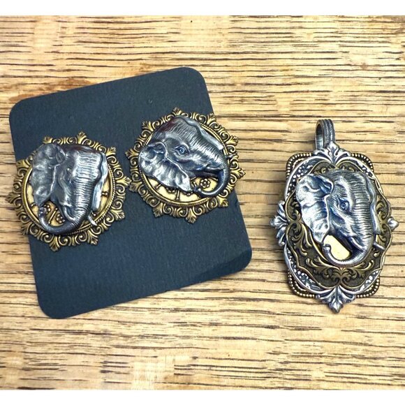 Sonja Lea Eccler elephant earrings two-tone heavy pendant set signed - Picture 1 of 10
